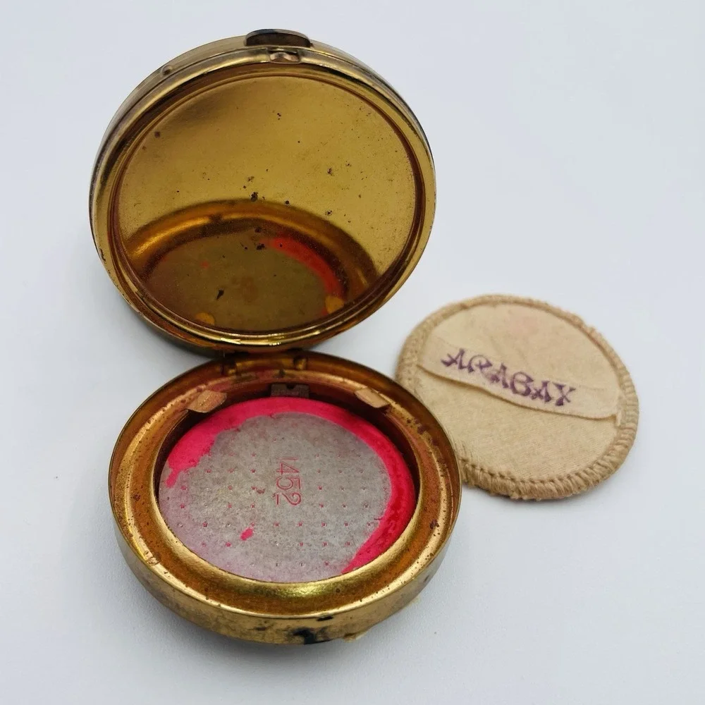 Vintage Compact Double Compartment Powder Blush Puff Unmarked 1932 Gold Green